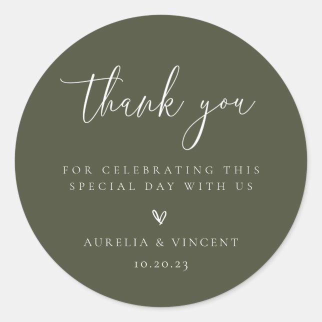 Minimalist Olive Green Wedding Thank You Classic Round Sticker (Front)
