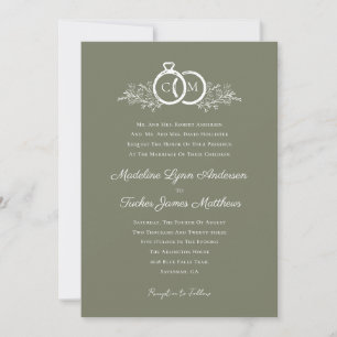 Minimalist Olive Wedding Rings Monogram Photo Invitation