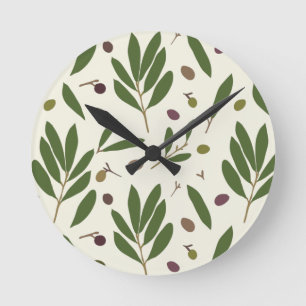 Minimalist Olives and Branches - seamless pattern. Round Clock