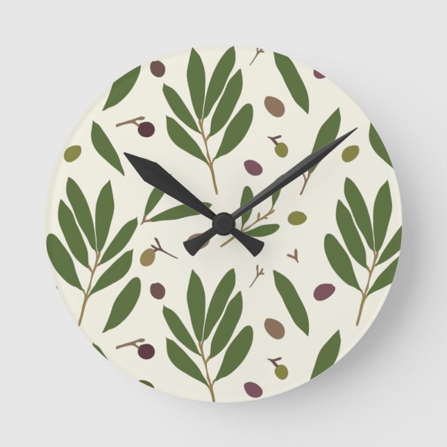 Minimalist Olives and Branches - seamless pattern. Round Clock (Front)