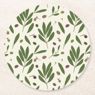 Minimalist Olives and Branches - seamless pattern. Round Paper Coaster