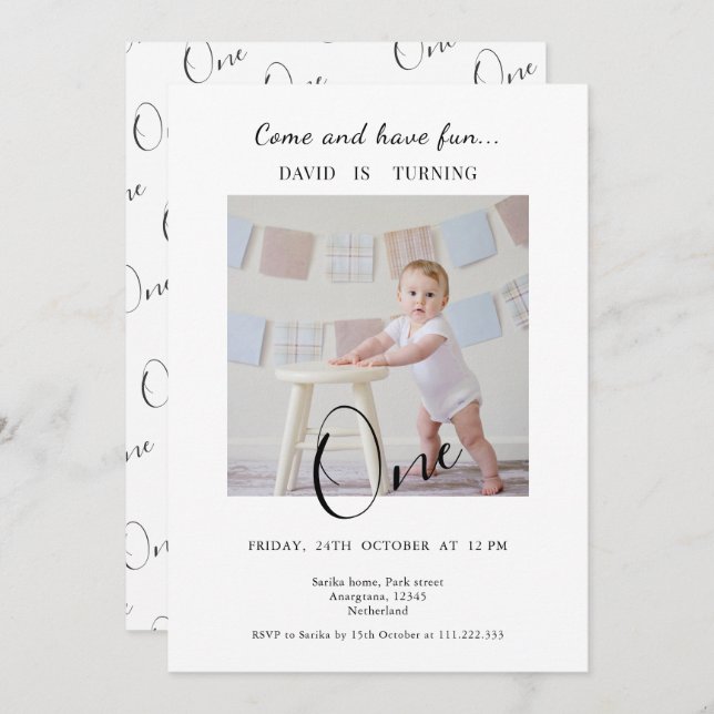Minimalist One  Custom Photo First Birthday Invitation (Front/Back)