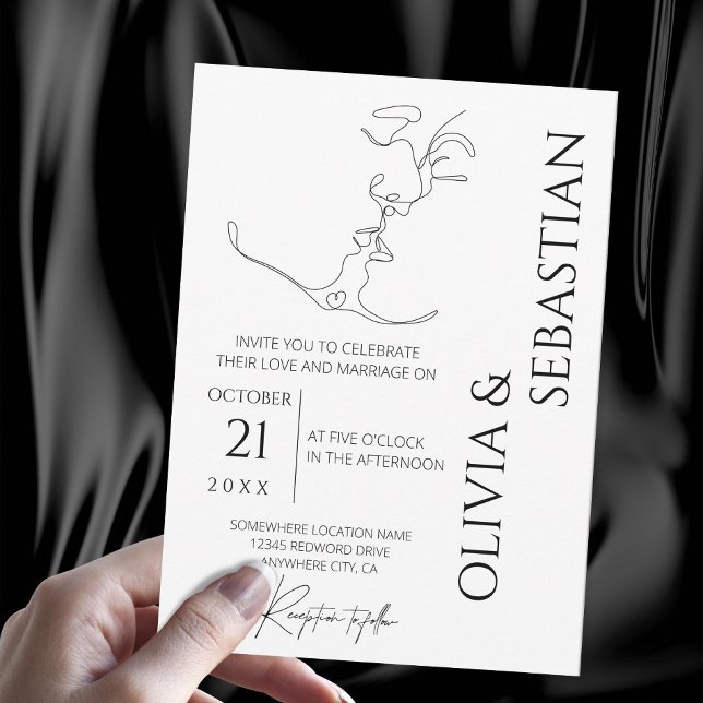 Minimalist One Line Art Kissing Couple Wedding Invitation (Creator Uploaded)