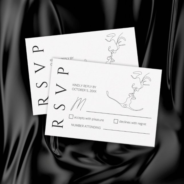 Minimalist One Line Art Kissing Couple Wedding RSVP Card (Creator Uploaded)
