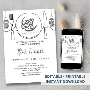 Minimalist One Line Art Ramadan Iftar Dinner Invitation