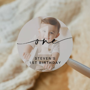 Minimalist One Photo First Birthday Classic Round Sticker
