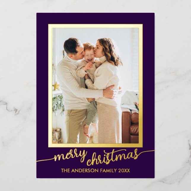 Minimalist One Photo Script Merry Christmas Foil Holiday Card (Front)