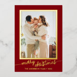 Minimalist One Photo Script Merry Christmas Foil Holiday Card<br><div class="desc">Modern,  elegant,  and minimalist design with one photo in a foil rectangular frame with script "merry christmas" in variation of holiday jewel tone colours.</div>