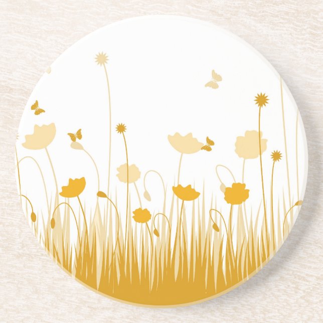 Minimalist Orange and White Poppies Meadow Floral Coaster (Front)