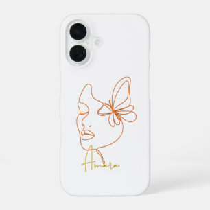 Minimalist Orange Face Line Art Custom Name Phone iPhone 16 Case