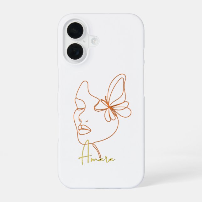 Minimalist Orange Face Line Art Custom Name Phone  iPhone 16 Case (Back)