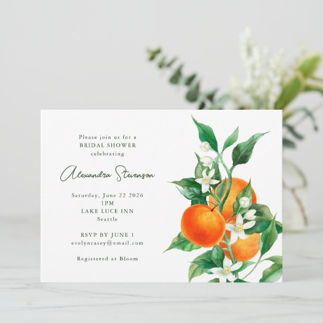 Minimalist Orange Fruit Botanical Bridal Shower Invitation (Standing Front)