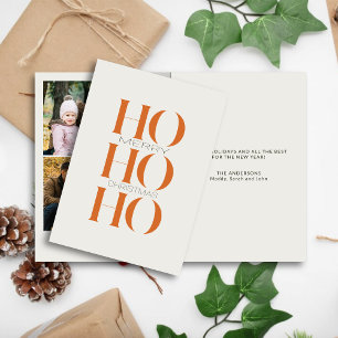 Minimalist Orange "HO HO HO" Photo Christmas Holiday Card