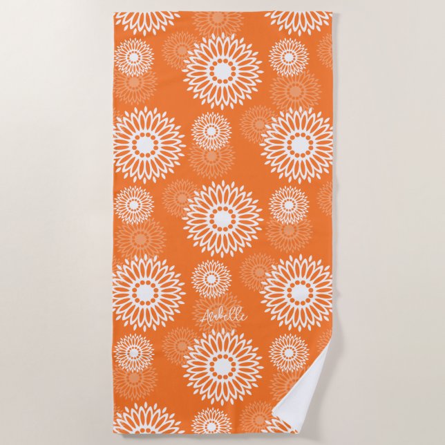 Minimalist Orange Mandala Geometric Floral Name Beach Towel (Front)