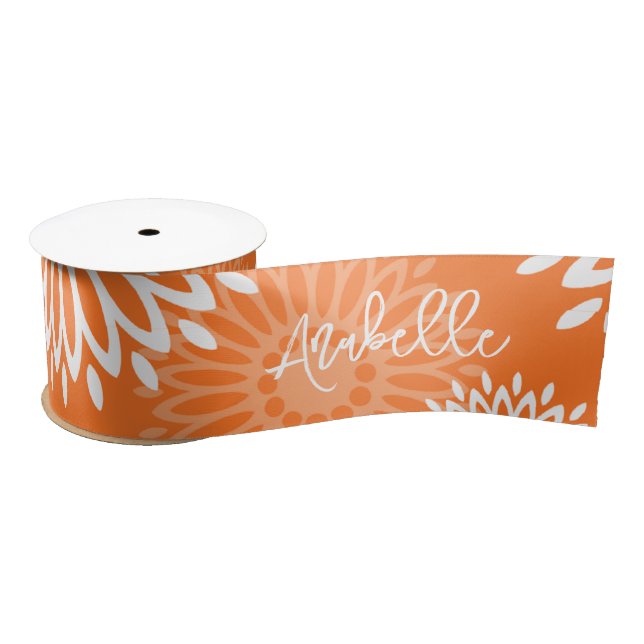 Minimalist Orange Mandala Geometric Floral Name Satin Ribbon (Spool)