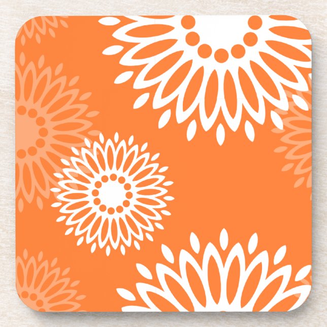 Minimalist Orange Mandala Geometric Floral Pattern Coaster (Front)