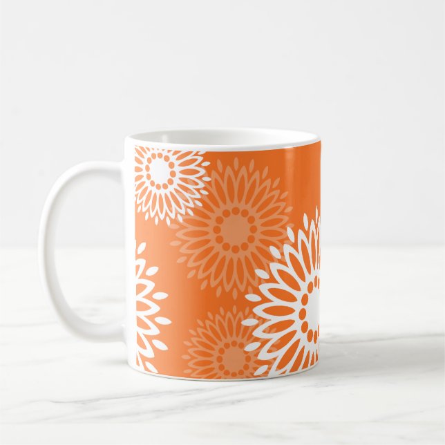 Minimalist Orange Mandala Geometric Floral Pattern Coffee Mug (Left)