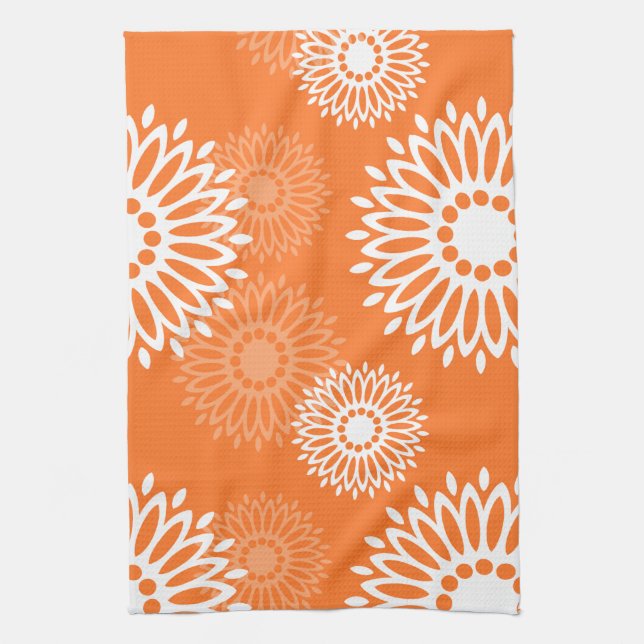 Minimalist Orange Mandala Geometric Floral Pattern Tea Towel (Vertical)