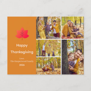 Minimalist Orange Maple Leaf 5 Photo thanksgiving Holiday Postcard
