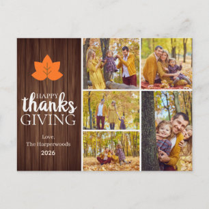 Minimalist Orange Maple Leaf 5 Photo thanksgiving Holiday Postcard