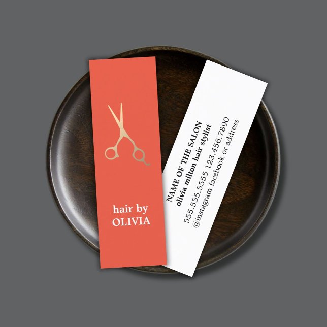 Minimalist Orange Red Faux Gold Scissors Hair Mini Business Card (Creator Uploaded)