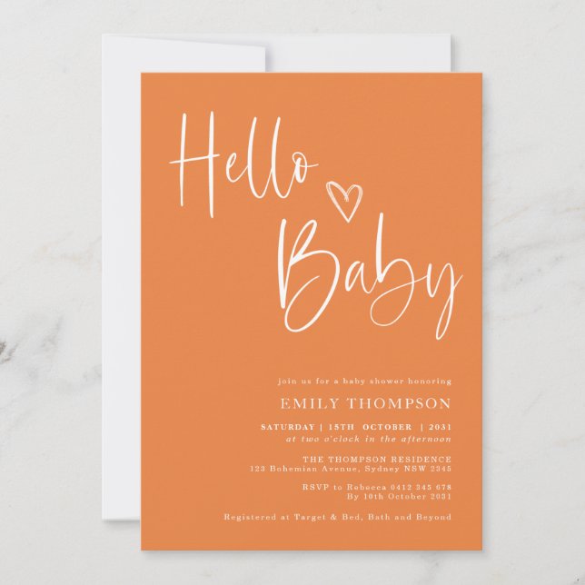 Minimalist Orange White Gender Neutral Baby Shower Invitation (Front)