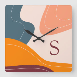 Minimalist Organic Shapes Waves Monogram Square Wall Clock