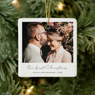 Minimalist Our First Christmas Couple's photo Ceramic Ornament