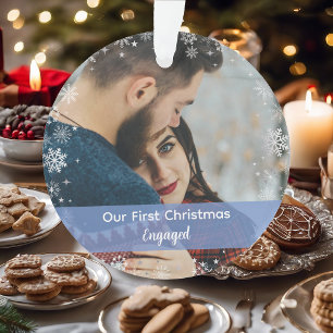 Minimalist Our First Christmas Engaged 2 Photos Ornament