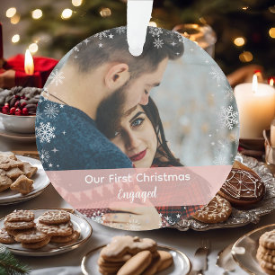 Minimalist Our First Christmas Engaged 2 Photos Ornament