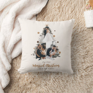 Minimalist Our First Married Christmas Three Photo Cushion