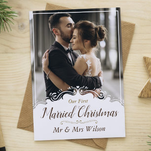 Minimalist Our First Married Christmas Three Photo Holiday Postcard