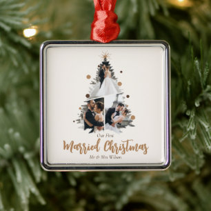 Minimalist Our First Married Christmas Three Photo Metal Tree Decoration