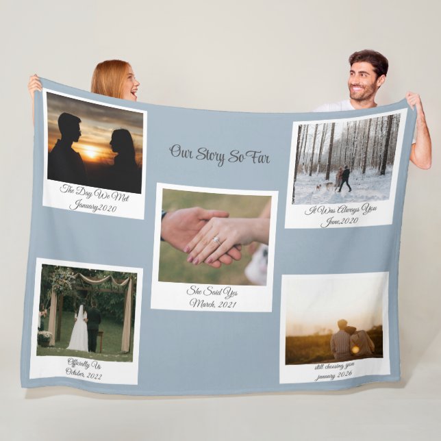 Minimalist Our Story Photo Timeline 5 Polaroid Fleece Blanket (In Situ)