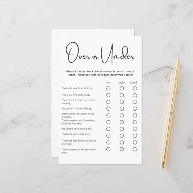 Minimalist Over or Under Bridal Shower Game  (Front/Back In Situ)