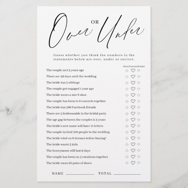 Minimalist Over or Under bridal shower game (Front)