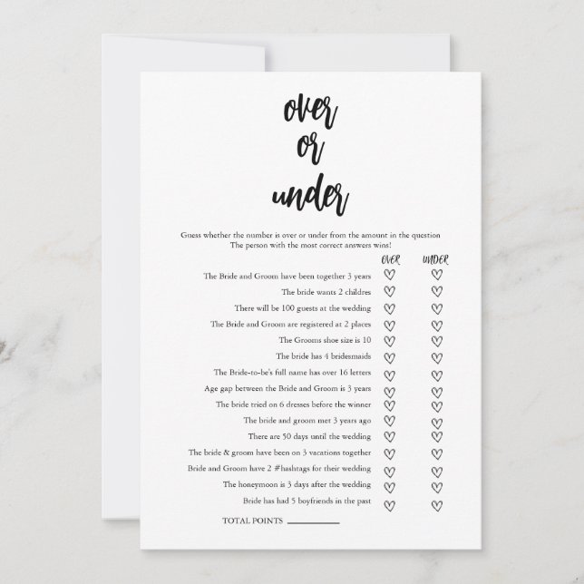 Minimalist Over or Under Bridal Shower Game Card (Front)