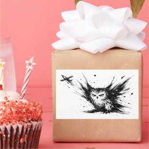 Minimalist Owl Ink Brushstroke Illustration on Rectangular Sticker