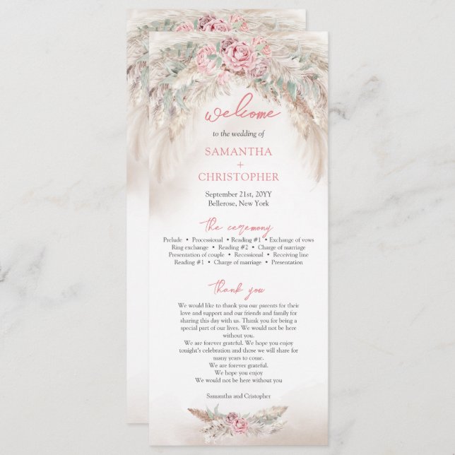 Minimalist pampas and dusty roses wreath program programme (Front/Back)