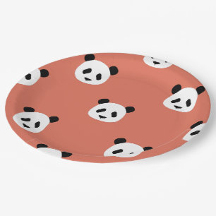 Minimalist Panda Pattern - Terracotta Red Paper Plate