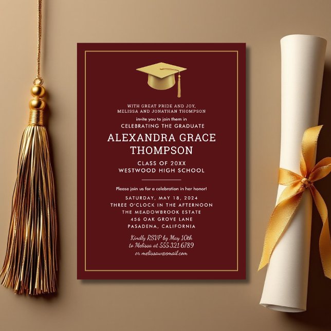 Minimalist Parents Names Burgundy Gold Graduation Invitation (Creator Uploaded)