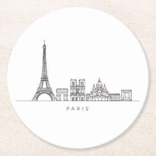 Minimalist Paris Skyline Line Art Round Paper Coaster