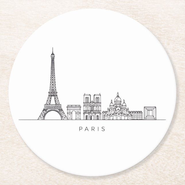 Minimalist Paris Skyline Line Art Round Paper Coaster (Front)