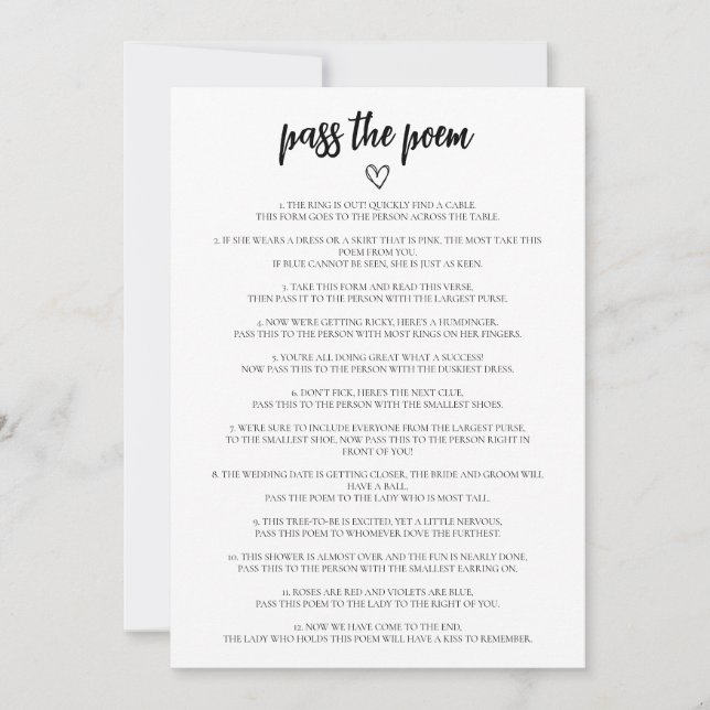 Minimalist Pass the Poem Bridal Shower Game Card (Front)