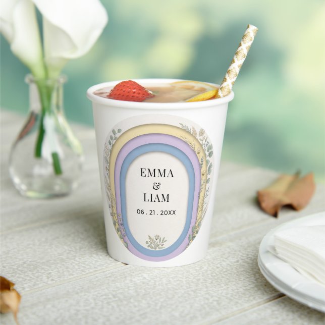 Minimalist Pastel Arch Frame Botanical Wedding Paper Cups (Insitu)