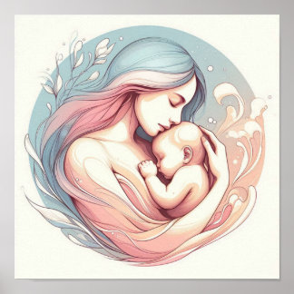 Minimalist Pastel Art of Mum with Baby Poster
