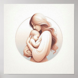 Minimalist Pastel Art of Mum with Baby Poster