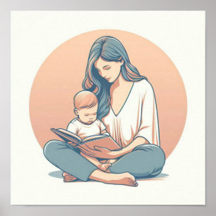 Minimalist Pastel Art of Mum with Baby Poster