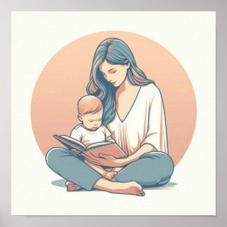 Minimalist Pastel Art of Mum with Baby Poster