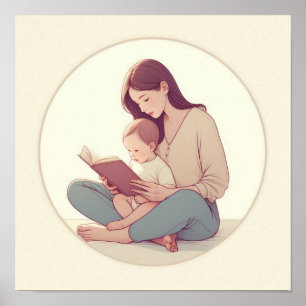 Minimalist Pastel Art of Mum with Baby Poster